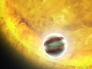 Экзопланета типа «горячий Юпитер» на фоне родительской звезды в представлении художника